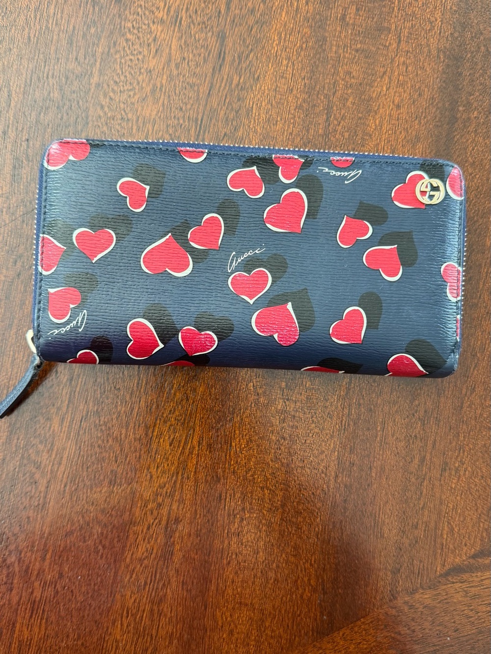 Gucci Navy Wallet with Red Heart Print and Gold GG